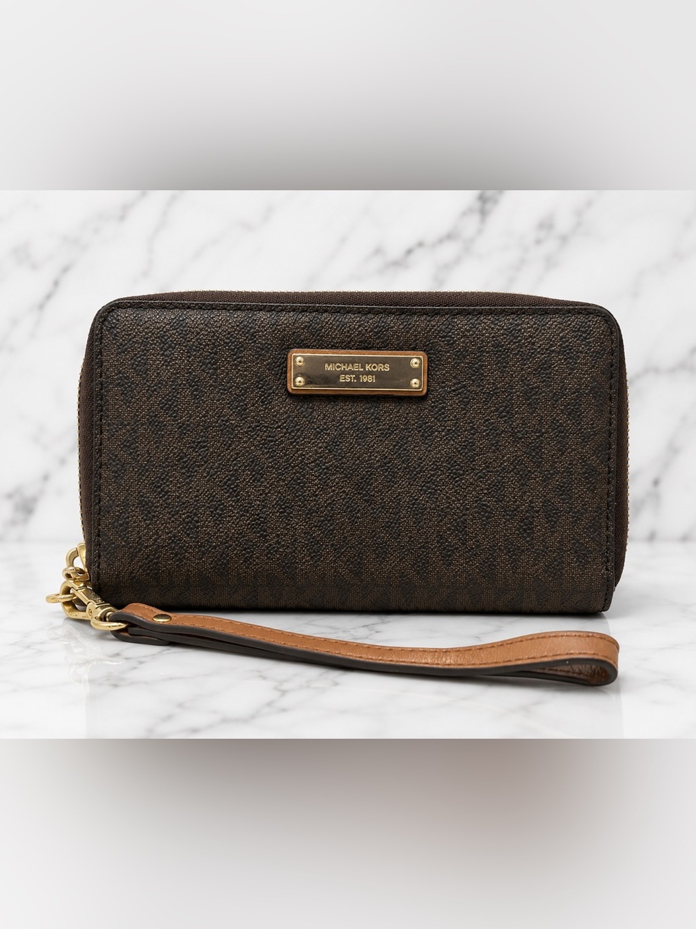 Michael Kors Signature Brown PVC Zip Around Wristlet Wallet